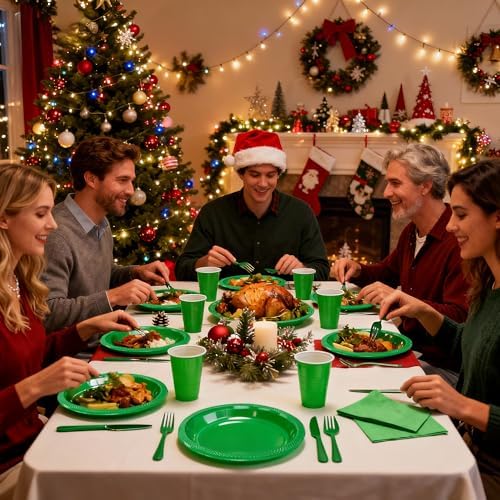 WELLIFE 210Pcs Green Plastic Plates,Party Plates and Cups and Napkins Sets - Image 4
