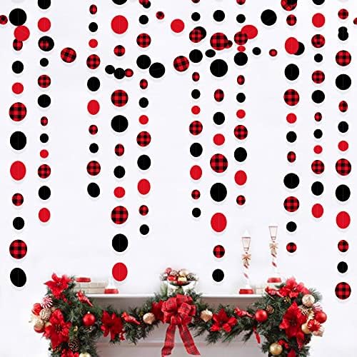 46Ft Buffalo Plaid Polka Dot Garlands Black Red Checkered Paper Circle Dot Streamer Banner for Birthday Bridal Shower Bachelorette Christmas Holiday Halloween Party Decorations Supplies by pinkblume