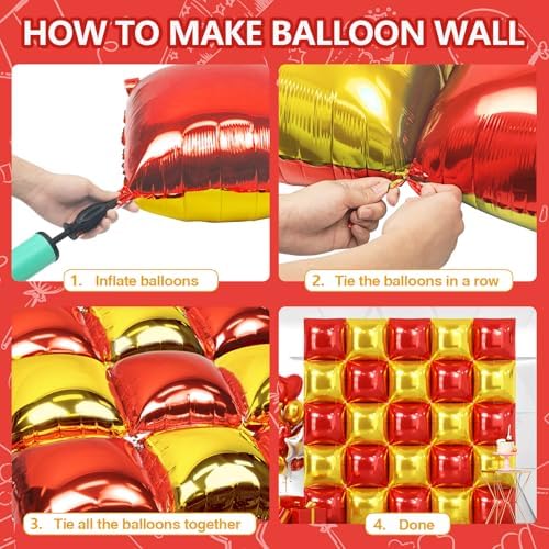 NISOCY 25PCS Red and Metallic Gold Square Foil Balloons Wall Backdrop - Image 5
