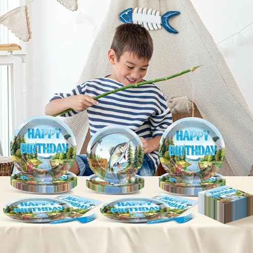 96Pcs Gone Fishing Party Plates Napkins Ofishally Birthday Supplies Fishing Birthday Paper Dessert Cake Plates Tropical Fish Tableware Sets for Kids Boys 24 Guests Birthday Party Decorations - Image 5