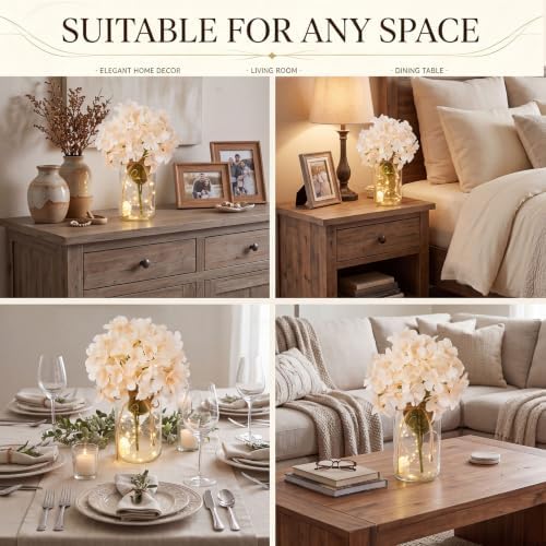 4 Sets Mason Jar Centerpiece with LED Lights and Champagne Hydrangea Fake Flowers Vase for Wedding Bridal Shower Party Coffee Table Decor - Image 6