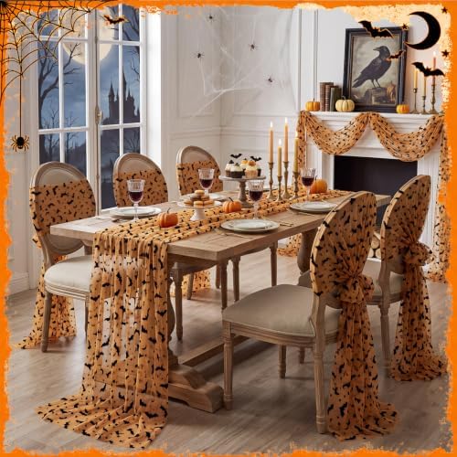 Remagr 6 Pcs Halloween Table Runner Flocked Lace, Bat Table Decor 30"x70" - Image 6