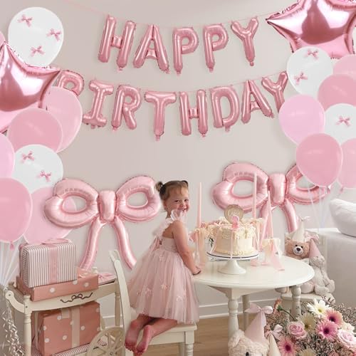 Bow Party Decorations Pink Happy Birthday Balloons Banner Pink Birthday Decorations Bow Balloons for Women Girls Birthday Decor Party Supplies - Image 3