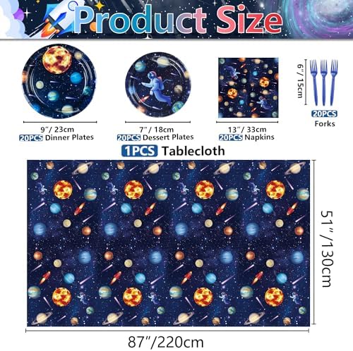 Outer Space Party Supplies for 20 Guests, Include Astronaut Planet Paper Plates, Napkins, Forks, Outer Solar System Tablecloth for Kids Birthday Party Solar System Theme Party Decorations - Image 2