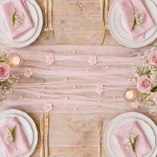 Artoid Mode Pink Flower Pearl Pink Gauze Table Runner 10FT, Seasonal Sheer Dining Holiday Wedding Birthday Baby Shower Table Decor for Home Party - Image 4