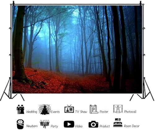Misty Forest Backdrop Halloween Eve Dark Blue Fog Fall Autumn Maple Leaves Woods Background for Thanksgiving Party Photography Studio Photo Booth Props 20x10ft - Image 6