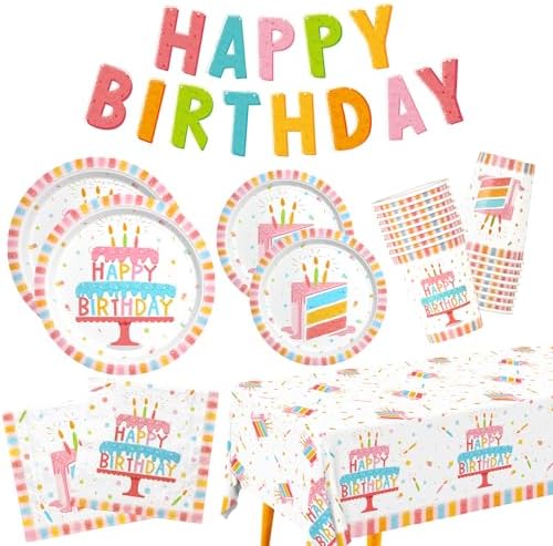 Happy Birthday Party Supplies Set for 25 -Kit with Cake Design Includes Plates, Napkins, Cups, Tablecloth & Banner - for Boys & Girls Birthday Party Decorations by Gatherfun