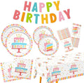 Happy Birthday Party Supplies Set for 25 -Kit with Cake Design Includes Plates, Napkins, Cups, Tablecloth & Banner - for Boys & Girls Birthday Party Decorations by Gatherfun