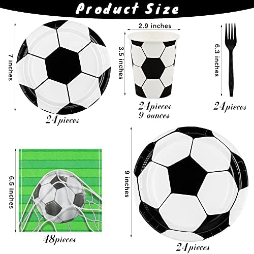durony 144 Pieces Soccer Paper Plates and Napkins Dinnerware Set Soccer Birthday Party Tableware Supplies Includes Paper Plates Napkins Forks Serve 24 for Sports Party Supplies - Image 2