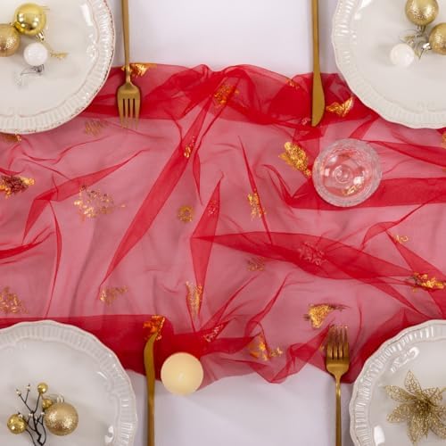 Christmas Tree Table Runner Gold Gauze Glitter Sheer Party Home Table Decor - Image 4