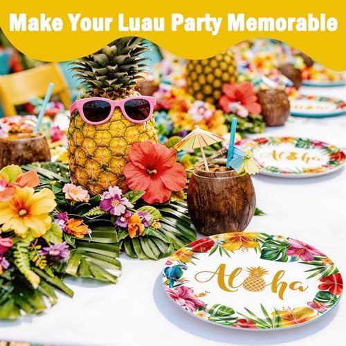 175Pcs Hawaiian Luau Party Decorations Aloha Tropical Tropical Hibiscus Floral Tableware Supplies Hawaii Palm Leaves Plates for Summer Hawaiian Birthday BBQ Pool Beach Party Supplies Serves 25 Guests - Image 2