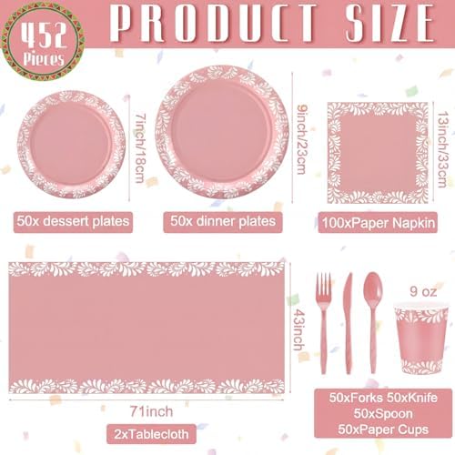Vesici 452 Pcs Pink Cielito Lindo Party Decorations Tableware Set for 50 - Image 3