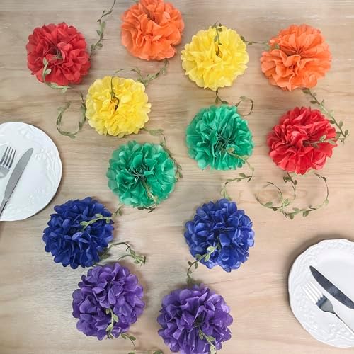 Rainbow Party Decorations Colorful Tissue Paper Flowers Pom Pom with Leaf Ribbon Hanging Garland Streamer for Multi-Color Birthday Wedding Shower Carnival Clown Fiesta Festival Party Supplies - Image 4