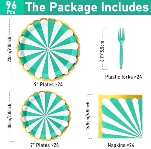 96PCS Green Party Paper Plates with Gold Scalloped Edge, Green Scalloped 9inch 7inch Dessert Paper Plates Party Supplies for Birthday Bridal Shower Picnic, Serve for 24 Guests, Striped - Image 3