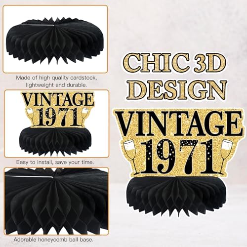 9Pcs 55th Birthday Decorations Honeycomb Centerpieces for Men Women, Black Gold Happy 55th Birthday Centerpieces Tables Toppers Party Decorations Supplies, Vintage 1971 Aged Table Sign Decor - Image 3
