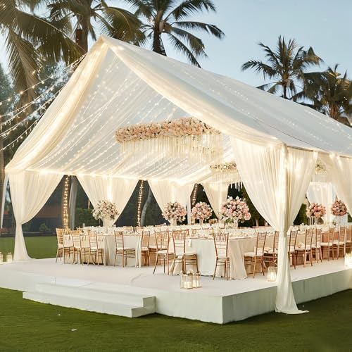 6 Panels Beige Ceiling Curtains with Lights for Weddings - 5ftx20ft Wrinkle-Free Tulle Fabric Wedding Arch Draping Ceiling Drapes Decorations for Wedding Party Ceremony Stage Tent Event - Image 7