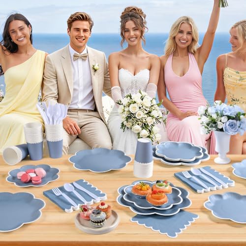 350 Pcs Dusty Blue and White Paper Plates and Napkins Set, Serve 50 Guest - Image 5