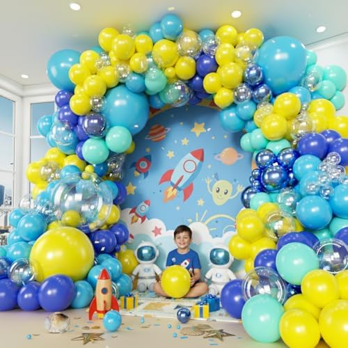 160pcs Cartoon Sponge Balloons Garland Arch Kit, Birthday Decorations Yellow Blue Clear Metallic Blue Teal Balloons and Pineapple Balloon Arch for Cartoon Birthday Baby Shower Party Decor - Image 6