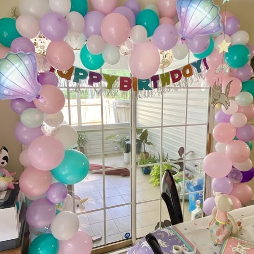 Mermaid Balloons, Pastel Pale Pink Light Purple Lilac Teal Pearl White Balloons with Seashell Foil Balloon Confetti Balloon for Girls Kid Sea Birthday Party Ocean Under The Sea Baby Shower Decorations - Image 3