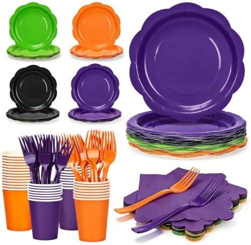 192Pcs Purple Orange Balck Plates and Napkins Party Supplies, Disposable 9’’ Scalloped Halloween Paper Plates Cups Napkins Forks Party Decorations for Birthday, Serves 48 by CENLBJ