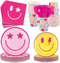 Kochorie 144 Pieces Preppy Smile Party Tableware Sets Including Disposable Plates Napkins Cups Forks Serves 24 for Smile Face Party Birthday Baby Shower Decor Party Supplies by Kochorie