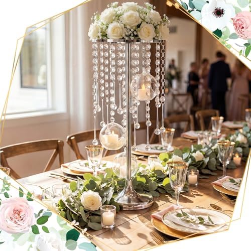 Novabright 2 Pack Tall Crystal Wedding Centerpieces with Globes, Silver - Image 4