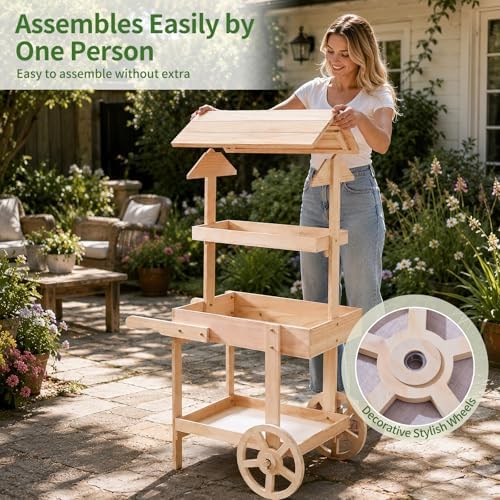 Flower Cart Display Stand with Wheels, 3-Tier Wooden Candy Cart for Party, Dessert Cart with Canopy Roof for Weddings, Bridal Shower, Baby Shower, Market & Event Decor (wood) - Image 6