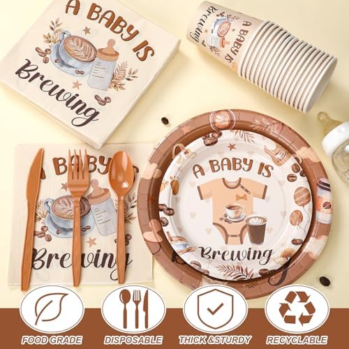 Yungyan 252 Pcs A Baby Is Brewing Baby Shower Party Tableware Set Included Plates Napkins Cups Forks Knives Cutlery for Party Decorations Supplies 36 Guests - Image 4