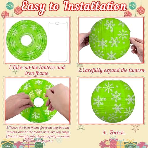 15PCS Christmas Decorations Ornaments Set – 9 Red White Green Paper Lanterns, 4 Pom Poms, 2 Hanging Swirls for Indoor, Home, Xmas Party, Porch Decor - Image 5