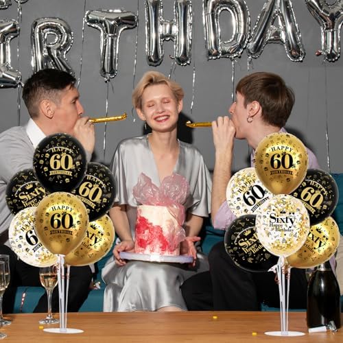 TONIFUL 4 Set Black Gold 60 Printed Balloon Stands for 60th Birthday Decor - Image 5