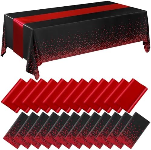 Breling 8 Pack Black and Red Tablecloths and Satin Runners Set by Breling