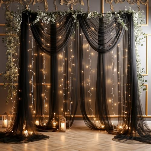 20x8ft Black Tulle Backdrop Curtain with Lights String for Parites, Sheer Photo Backdrop Curtains with Lights for Wedding Backdrop Ceremony Reception Bridal Shower Baby Shower Birthday Party - Image 7