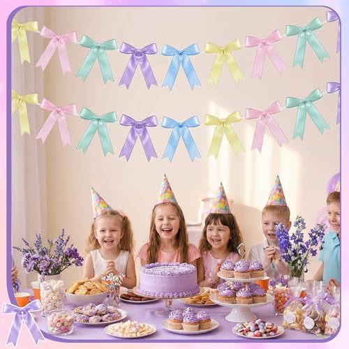 NatNarr 2 Pcs Pastel Bow Garland Banner, Pre-Strung Satin Ribbon Bow Banner - Image 6