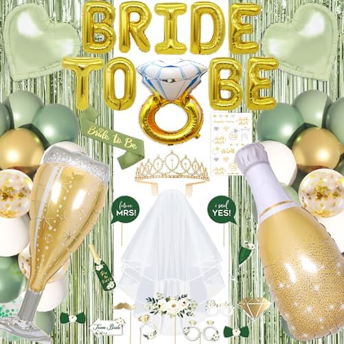 Sage Green Bachelorette Party Decorations, Bride To Be Decorations include Bride To Be Sash Veil Crown Tattoo Stickers Photo Props Fringe Curtain for Bachelorette Engagement Bridal Shower Decorations by Unknown