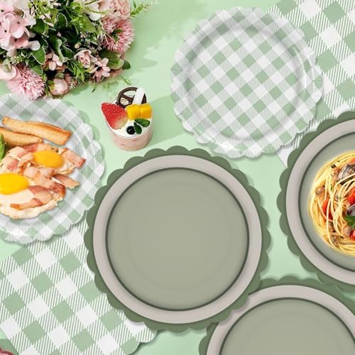 150 Pcs Sage Green Gingham Party Supplies, Green Plaid Scalloped Plates 9 Inch Disposable Checkered Dinner Dessert Plates and Cocktail Napkins for Birthday Wedding Baby Shower BBQ Party, Serve 50 - Image 4