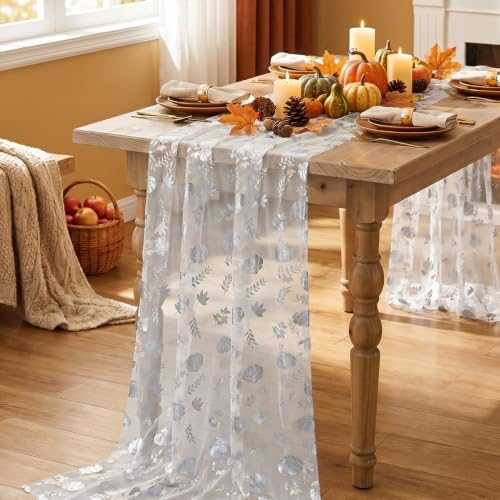 Artoid Mode Fall Gauze Table Runner 120 Inch, Metallic Foil Leaves - Image 3