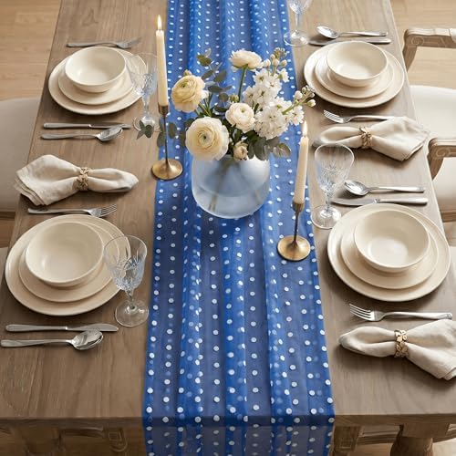 Artoid Mode Dark Blue Gauze Flocking White Dots Table Runner 10FT,Summer Sheer Dining Table Decor for Wedding Anniversary Holiday Birthday Home Party - Image 6