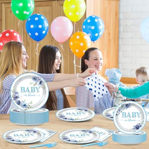 50 Guests Baby In Bloom Baby Shower Decoration Blue Flower Paper Plates Napkins Forks Spring Floral Theme Party Tableware Disposable Party Supplies Favor Plates For Boy Girl Birthday 200PCS - Image 5