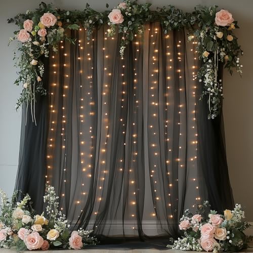 Tulle Curtain Backdrop with 300 LED Fairy Lights for Parites Wrinkle-Free Sheer Curtain Drapes Photo Back Drop for Wedding Baby Shower Bridal Shower Birthday Dance Home Décor- 10ft×10ft, Black by HOLITS
