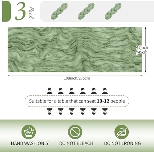 3 Pack Sage Green Cheesecloth Table Runner 17x108 Inch Semi Sheer Boho Gauze Cheese Cloth Fabric Table Runners Table Decor for Wedding Party Baby Shower Birthday Home Decor Garden Farmhouse - Image 2