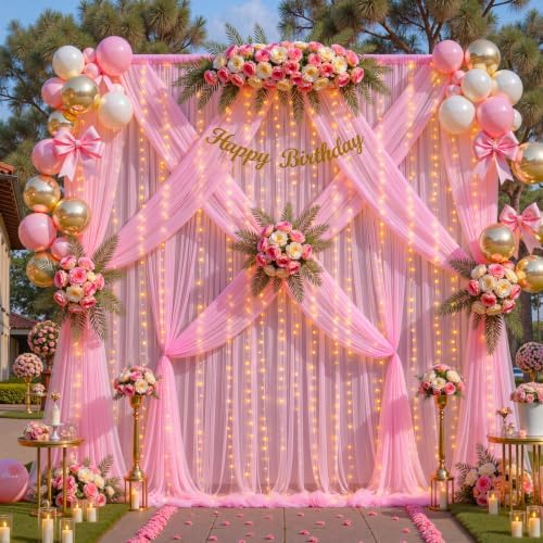 10ft x 12ft Pink Tulle Photo Backdrop Curtain with Lights String for Parties Wedding Sheer Baby Pink Curtain Backdrop for Baby Shower Girls Birthday Party Gender Reveal Photo Background Decorations - Image 4