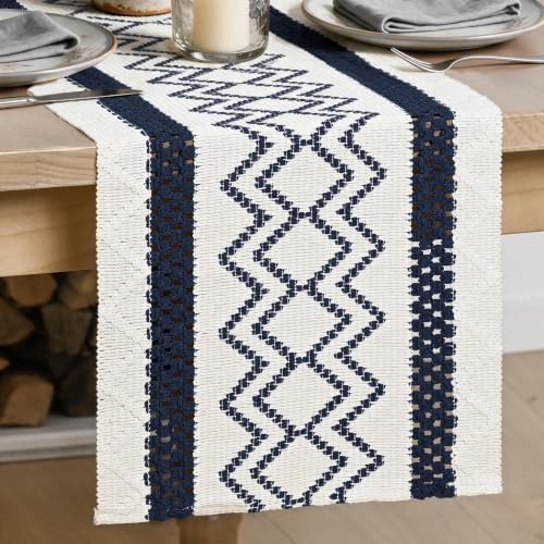 Artoid Mode Dark Blue Stripe Diamond Woven Table Runner 12x60 Inch by ArtoidMode