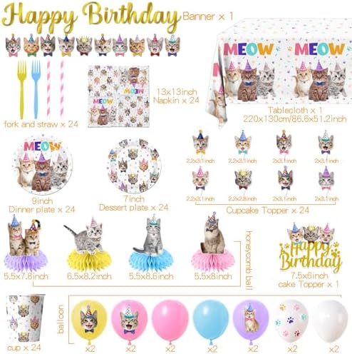 Cat Birthday Decorations,189pcs Cat Party Decorations cat Birthday Plates and Napkins Cups Tablecloth Cake Topper Hanging Swirls Centerpiece Balloon for Ca t Party Supplies - Image 6
