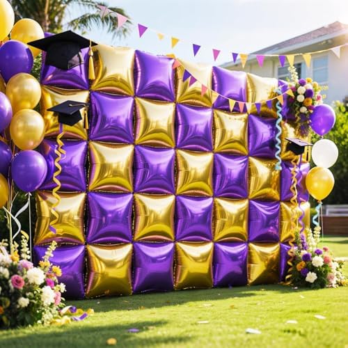 NISOCY 25PCS Purple and Gold Square Foil Balloons Wall Backdrop - Image 6