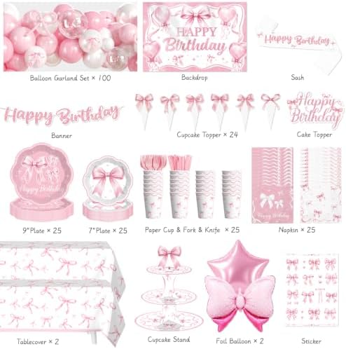 Pink Bow Birthday Decorations, All-in-One Decor Set for 25 Guests - Image 2