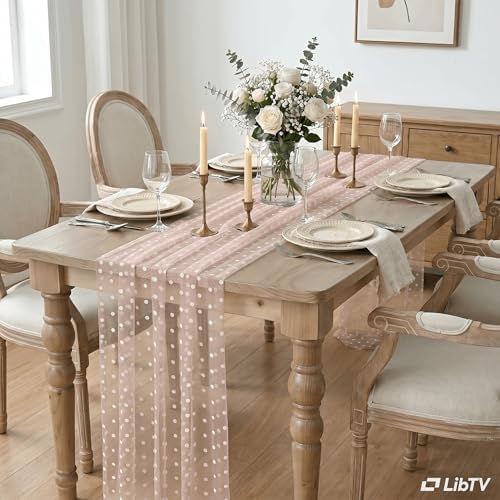 Artoid Mode Pink Gauze Flocking White Dots Table Runner 10FT,Seasonal Sheer Dining Table Decor for Wedding Anniversary Holiday Birthday Home Party - Image 3