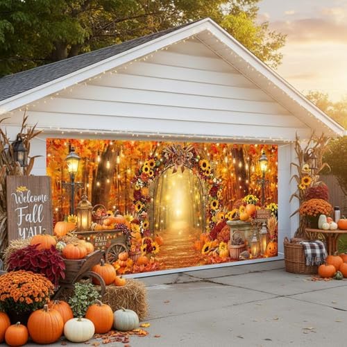 Fall Garage Door Cover 8x6ft Pumpkin Sunflower Arch Thanksgiving Decor - Image 3