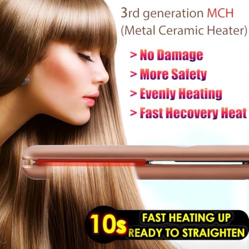 NITION Ceramic Tourmaline Hair Straighteners LCD Flat Iron MCH 10s Fast Heating Up. 1" Smooth 3D Floating Plate Healthy Straightening Tools. Heat-Proof Glove. Dual Voltage Travel. Gold - Image 5
