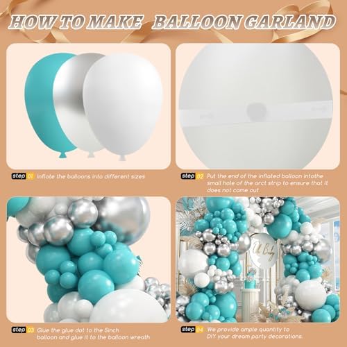 412Pcs Teal Silver White Balloon Garland Arch Kit, 18 12 10 5 Inch Different Size White Metallic Silver Teal Balloons Balloons,for Birthday Party Graduation Baby Shower Wedding Holiday Decoration - Image 3