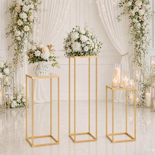 3PCS Square Metal Pedestal Stands, Gold Display Columns for Party Decorations, Wedding Cake Table Stands with Removable Acrylic Top, Sturdy Iron Nesting Riser for Flowers, Vases, and Dessert Displays (23.6", 31.5", 39.3" Heights) by Unknown